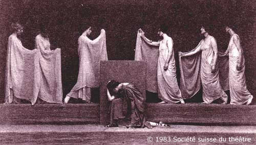 six lamenting nymmphs gesture to Eurydice's tomb, while Orpheus grieves in front of it