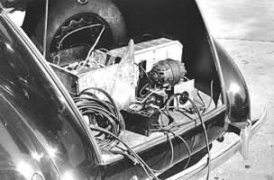 Recording equipment in the back of John Lomaxâs car, late 1930s.