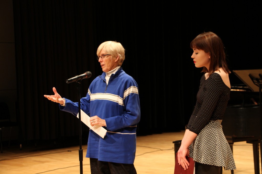 Anita Skeen (left) reads her poem with Bronwen McVeigh (right) before the performance of McVeigh’s musical setting.