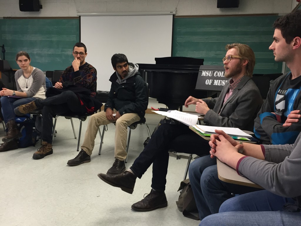 Pictured from right to left, poets: Jenny Crakes, Justin Cook, and Varun Ramadhyani; composers: Philip Rice, and Reilly Spitzfaden.